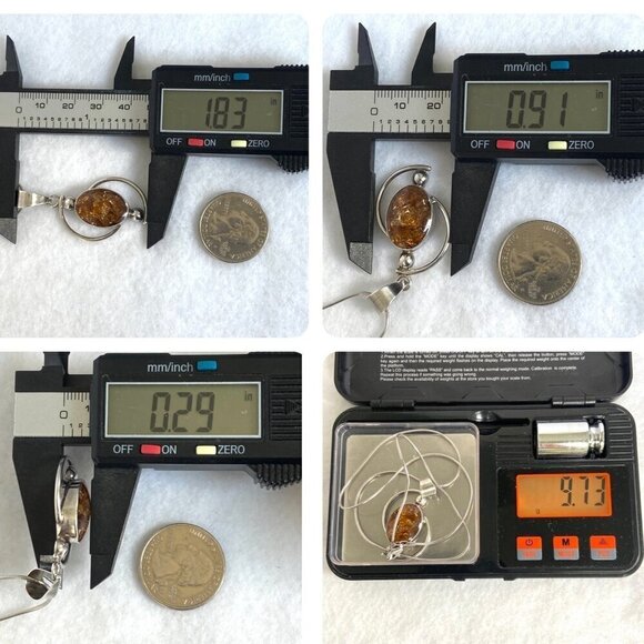 Sterling Silver 950 Mexico Geometric Oval Baltic Amber Pendant Necklace 18" - Picture 10 of 16